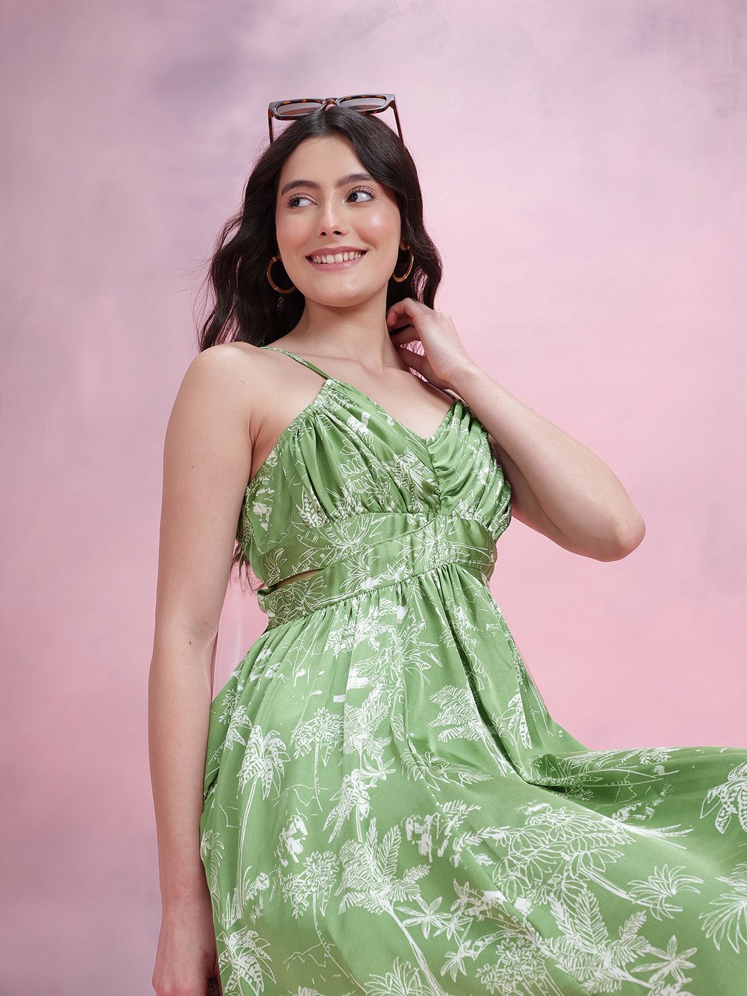 DressBerry Tropical Print Shoulder Straps Pleated Maxi Dress with Cut-Out Detail