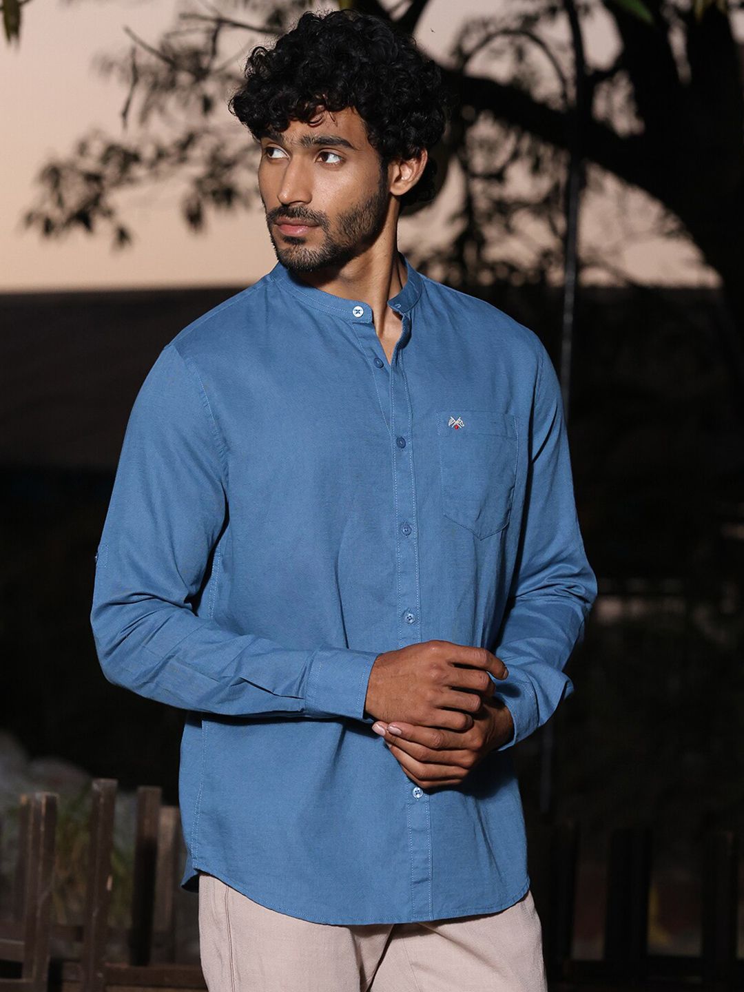 Thomas Scott Mandarin Collar Premium Cotton Linen Slim Fit Opaque Casual Shirt