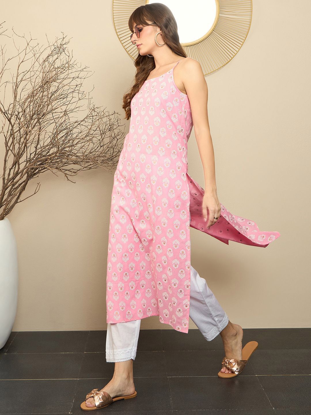 Indo Era Ethnic Motifs Printed Shoulder Straps Pure Cotton Straight Kurta
