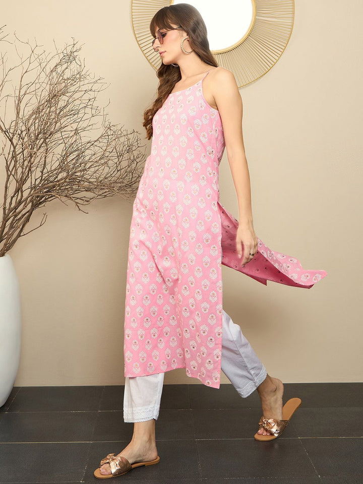 Indo Era Ethnic Motifs Printed Shoulder Straps Pure Cotton Straight Kurta