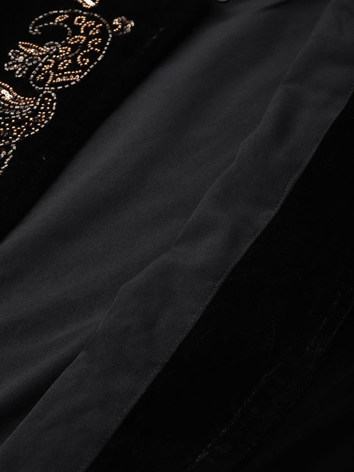 Antheaa Women Black Embroidered Velvet Finish Open Front Jacket