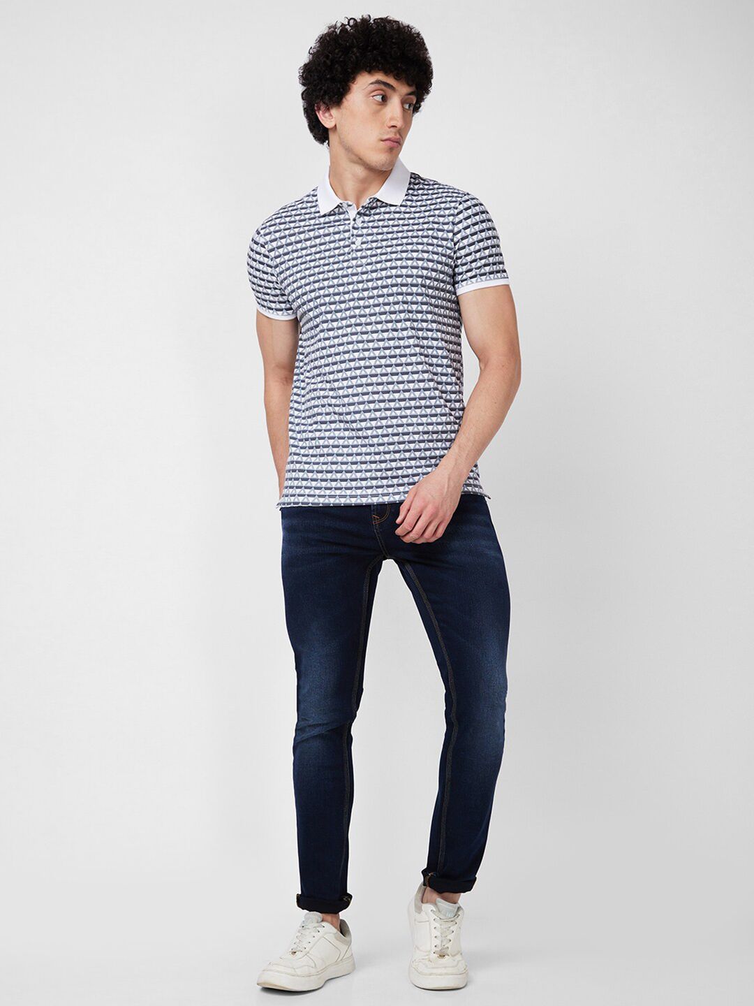 SPYKAR Geometric Printed Polo Collar Cotton Slim Fit T-shirt