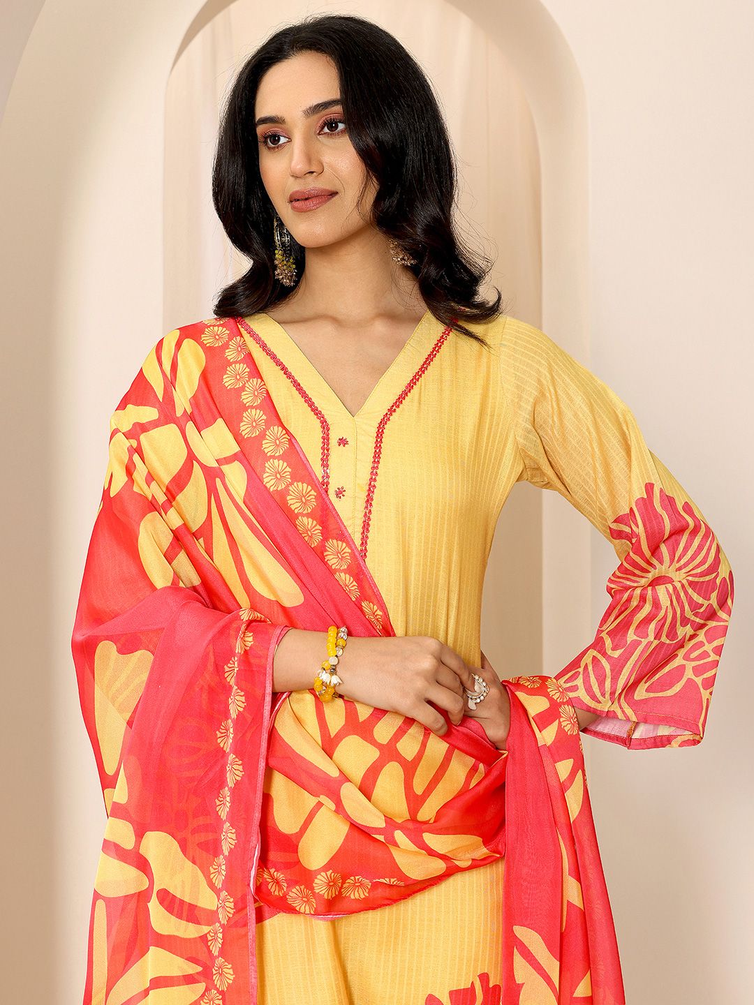 Libas Floral Printed V-Neck Kurta With Trousers And Dupatta