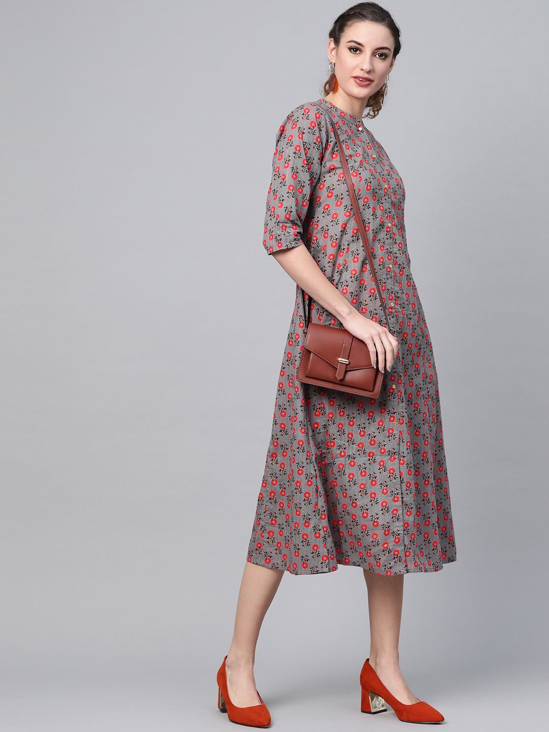 Gerua By Libas Women Charcoal Grey  Red Printed A-Line Dress
