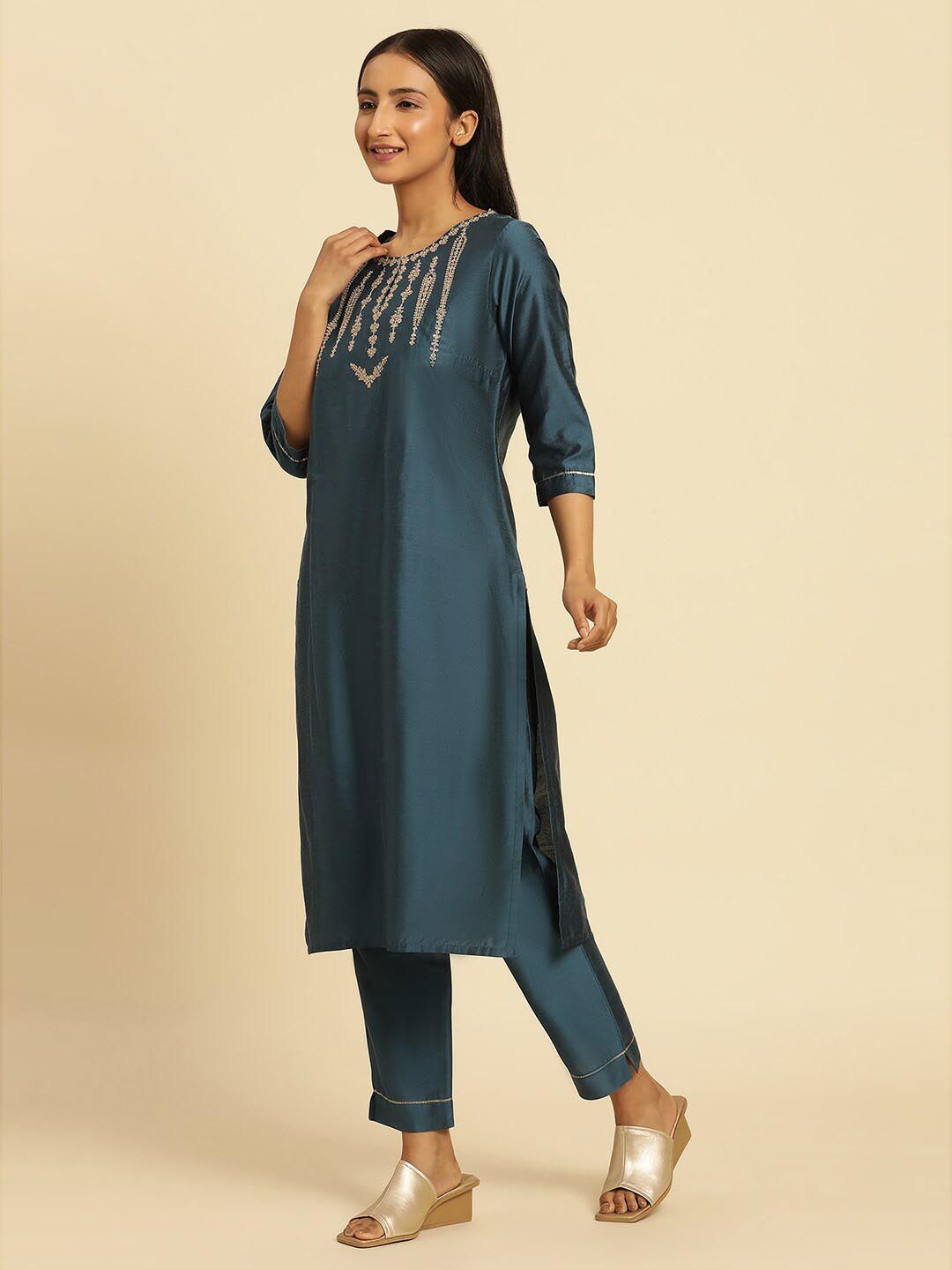 W Embroidered Straight Kurta with Trouser & Dupatta