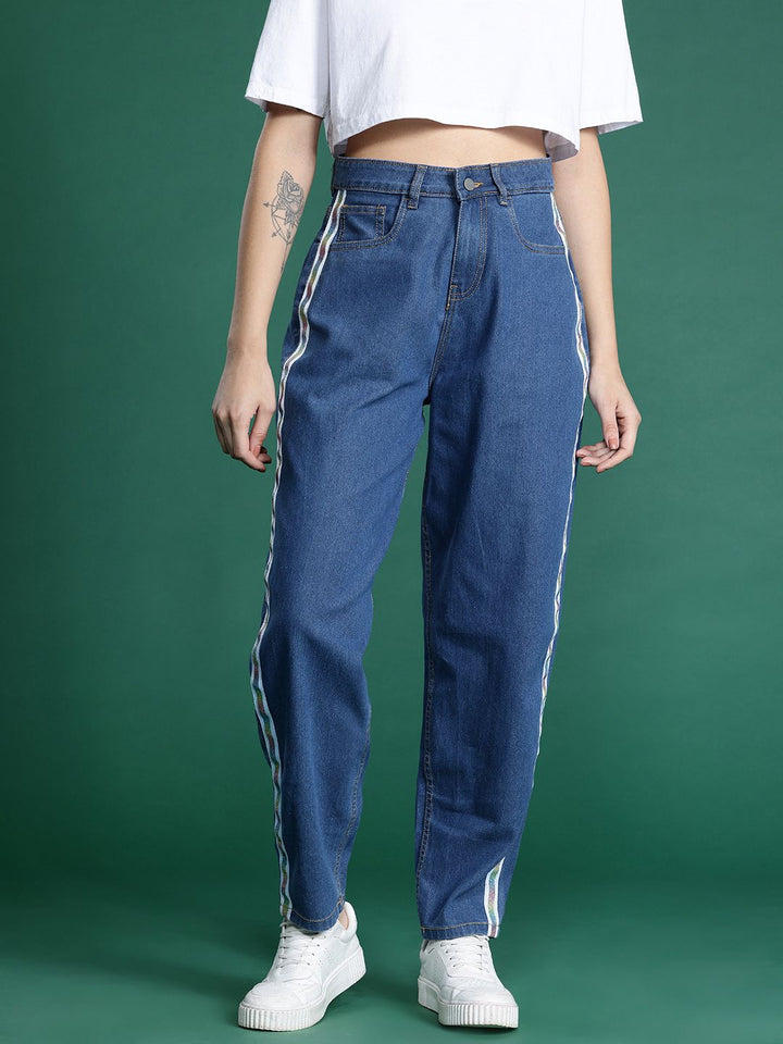 DressBerry Women High-Rise Slouchy Fit Stretchable Jeans with Side Stripes