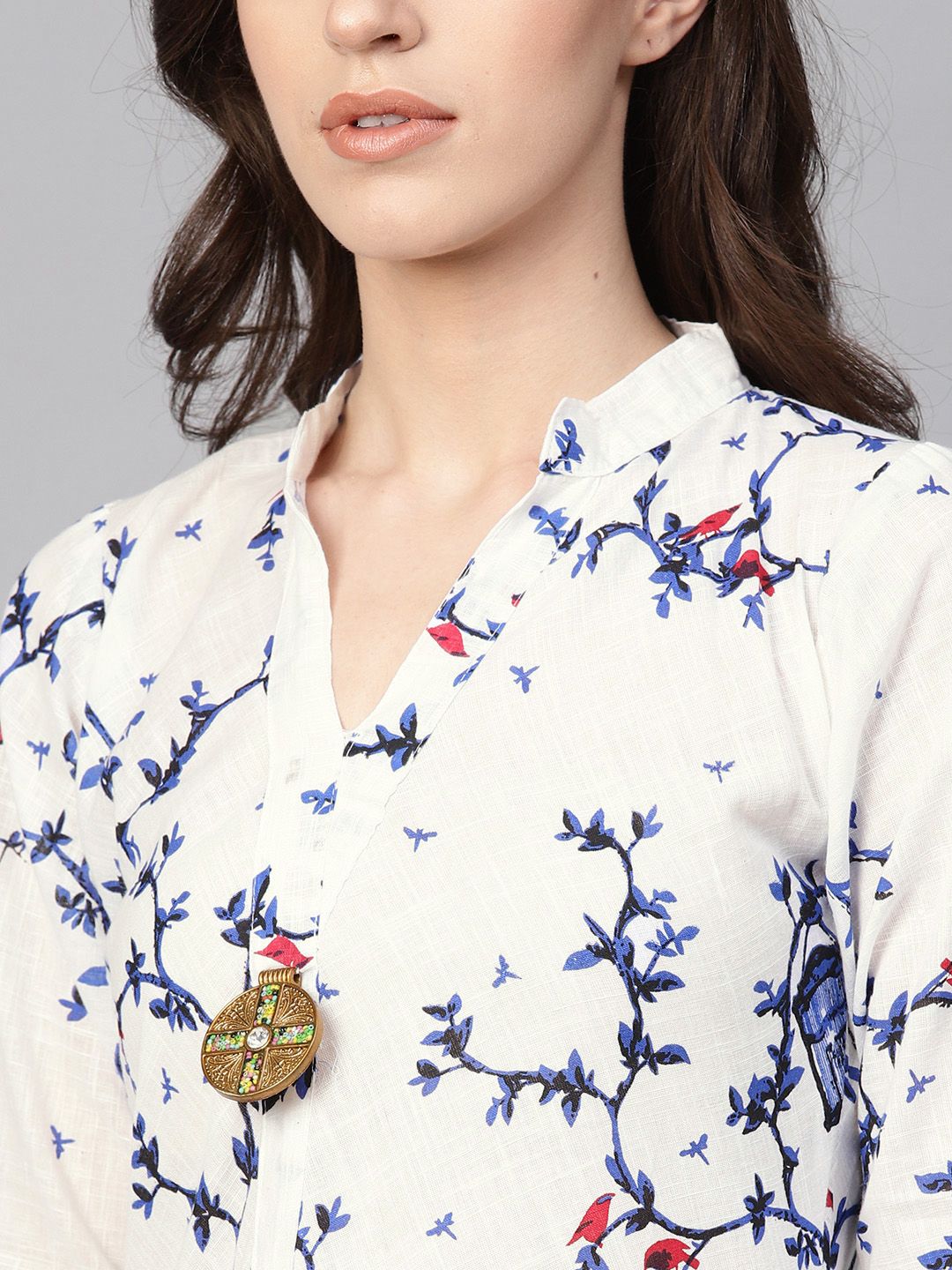 SOJANYA Kurta A-Line Bercetak Putih & Biru Wanita