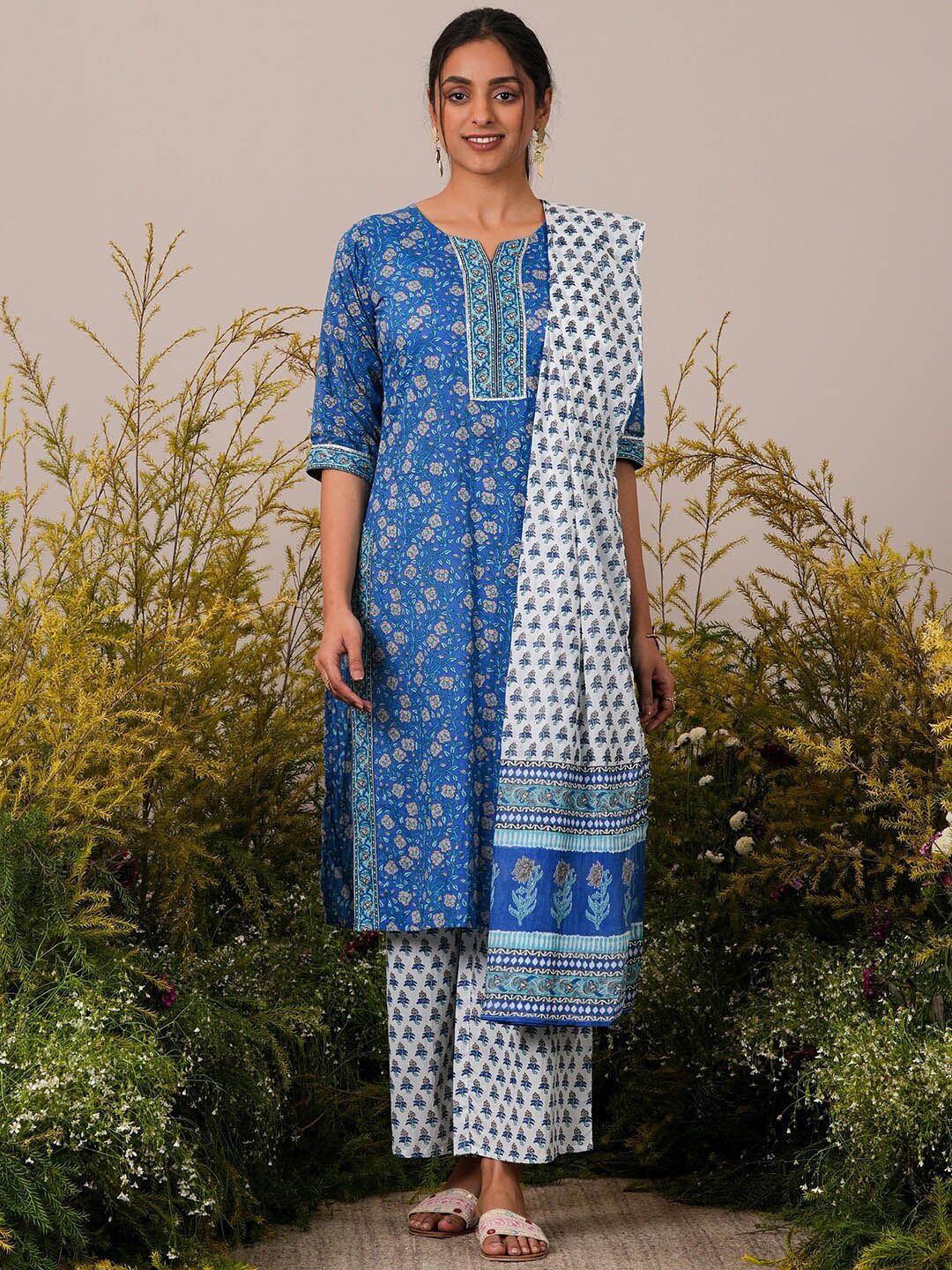 Libas Floral Printed Regular Gotta Patti Pure Cotton Kurta with Palazzos & Dupatta