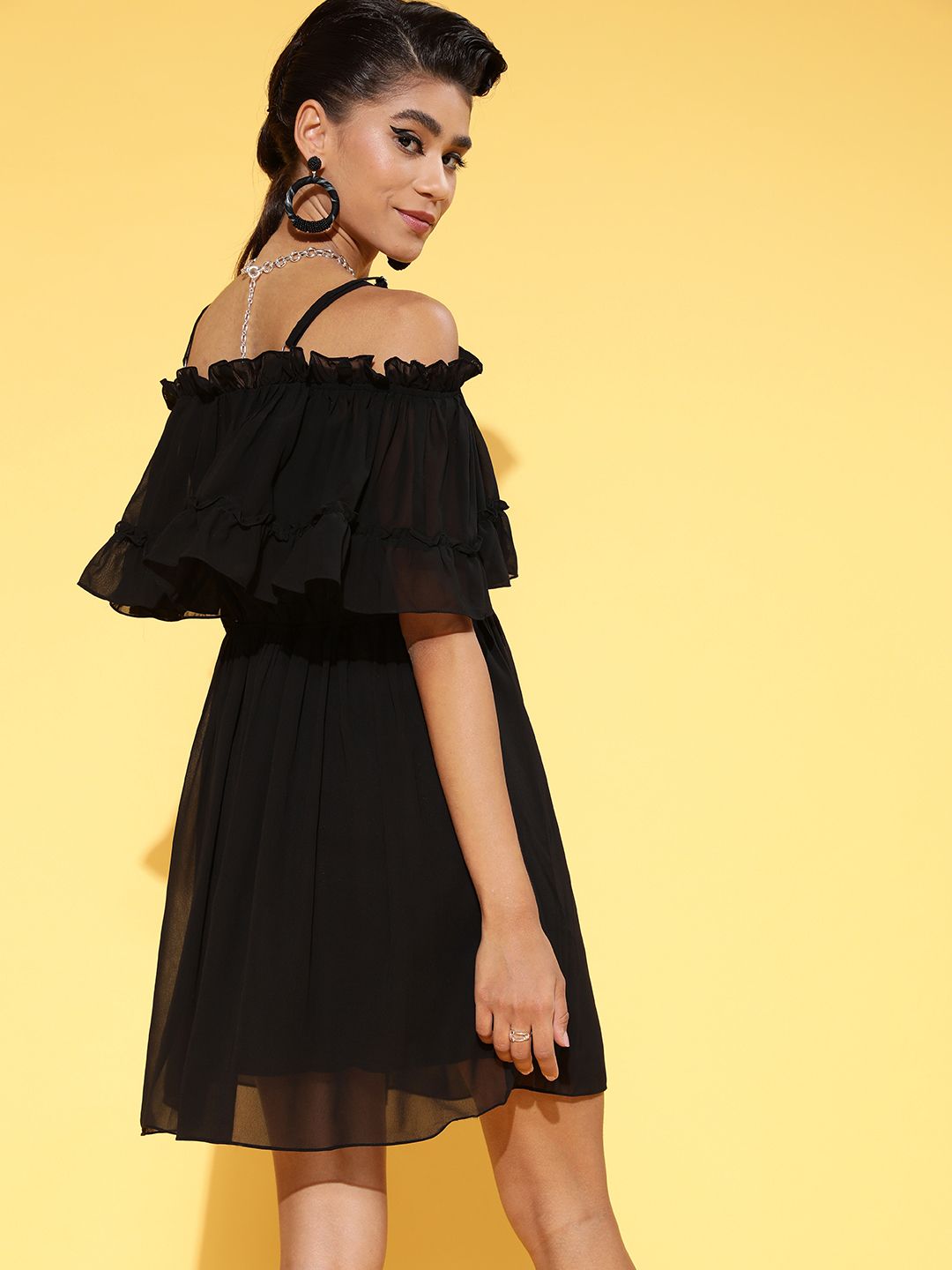 Athena Women Stylish Black Solid Feminine Frills Dress