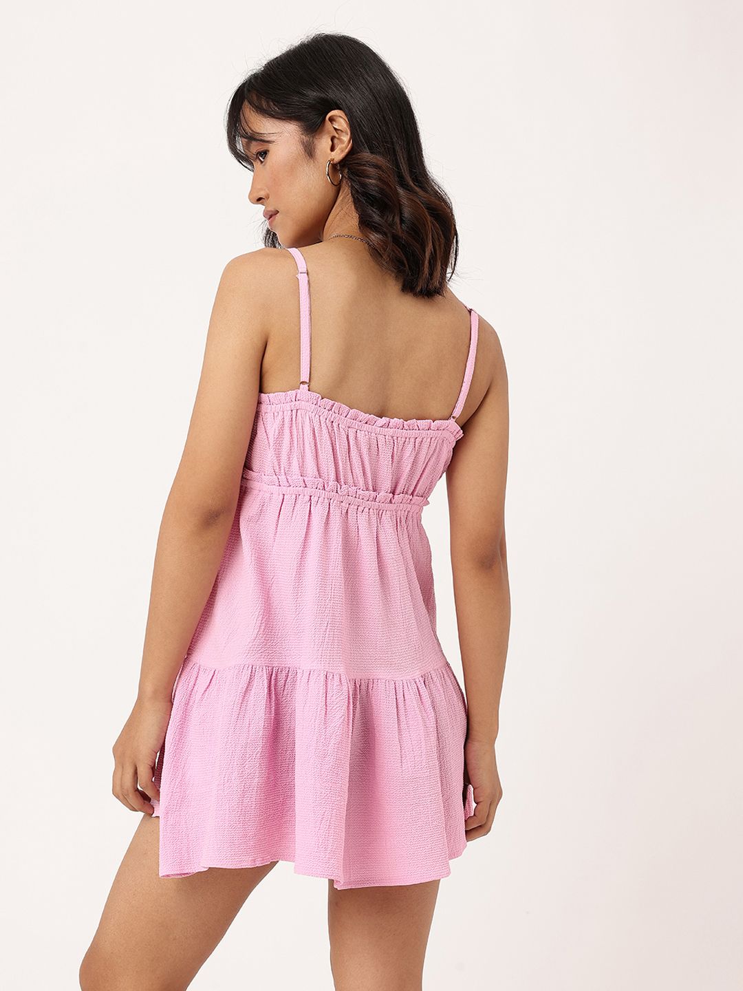 DressBerry Cute Chic Seersucker Ruched Flared Hem Tiered Mini Dress