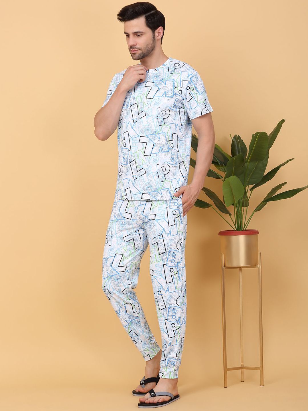 Sweet Dreams White & Blue Typography Printed Round Neck Night suit