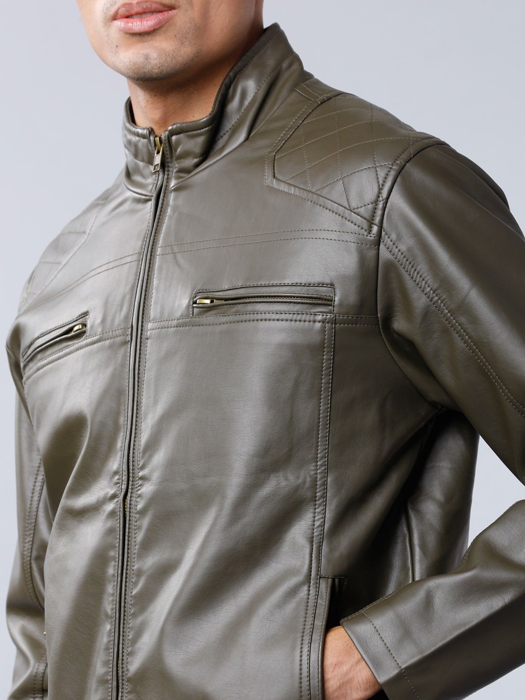HIGHLANDER Men Olive Green Solid Biker Jacket