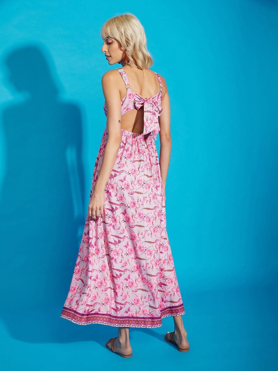 SASSAFRAS Pink Floral Printed Cut Out A-Line Dress