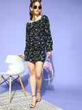 Berrylush Women Stylish Black Floral Volume Play Dress