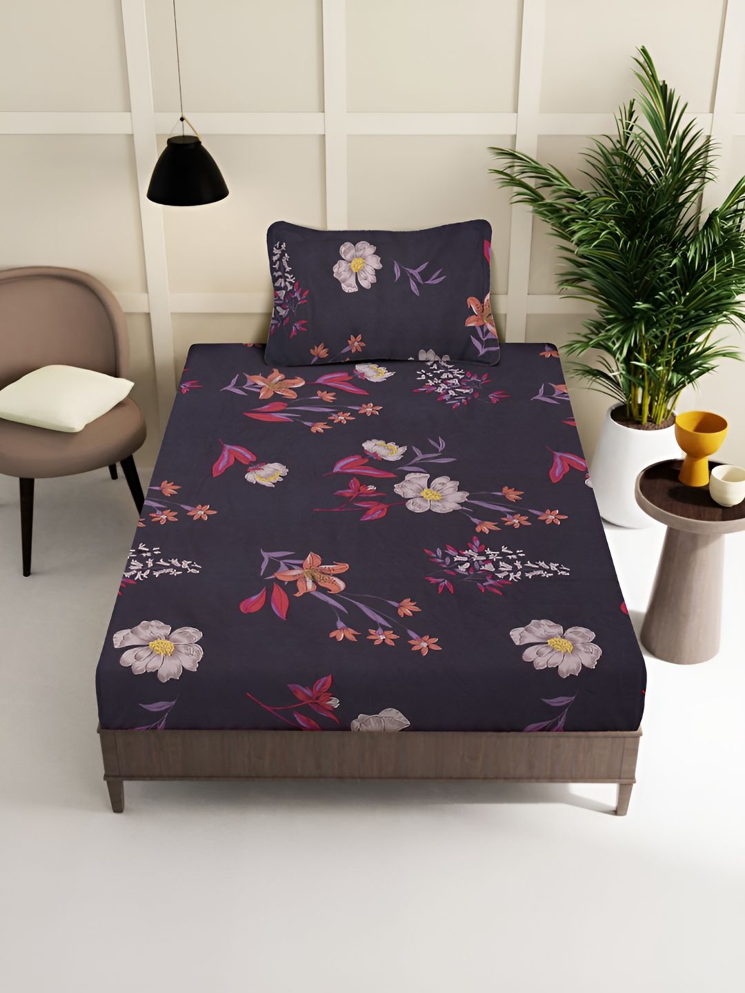 KLOTTHE Purple & Pink Floral Printed 300 TC Single Bedsheet With Pillow Cover