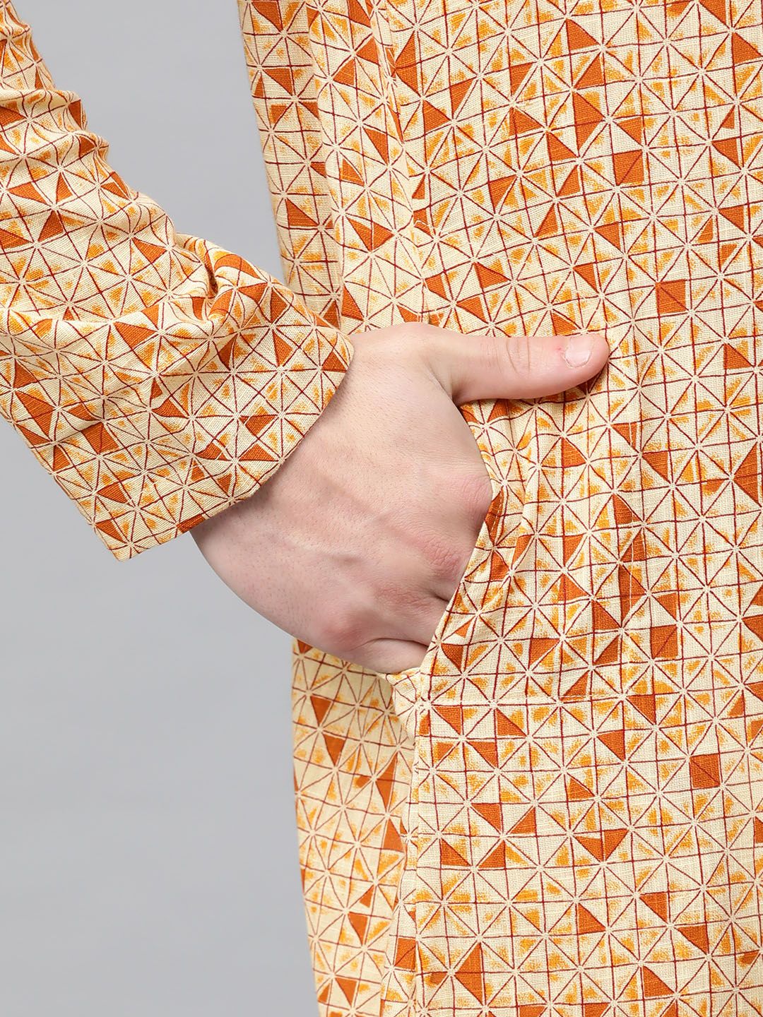See Designs Men Cream-Coloured & Rust Orange Printed Straight Kurta