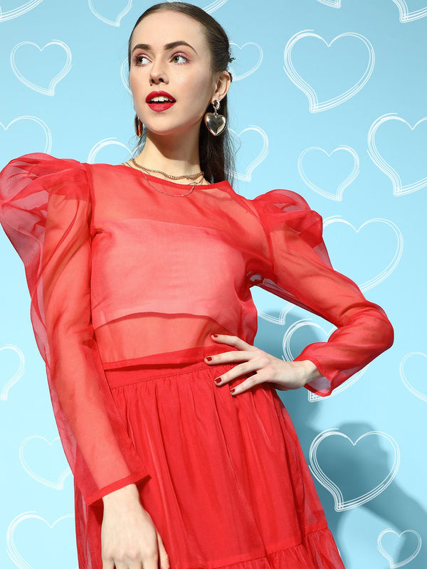 SASSAFRAS Gorgeous Red Solid Sheer Top