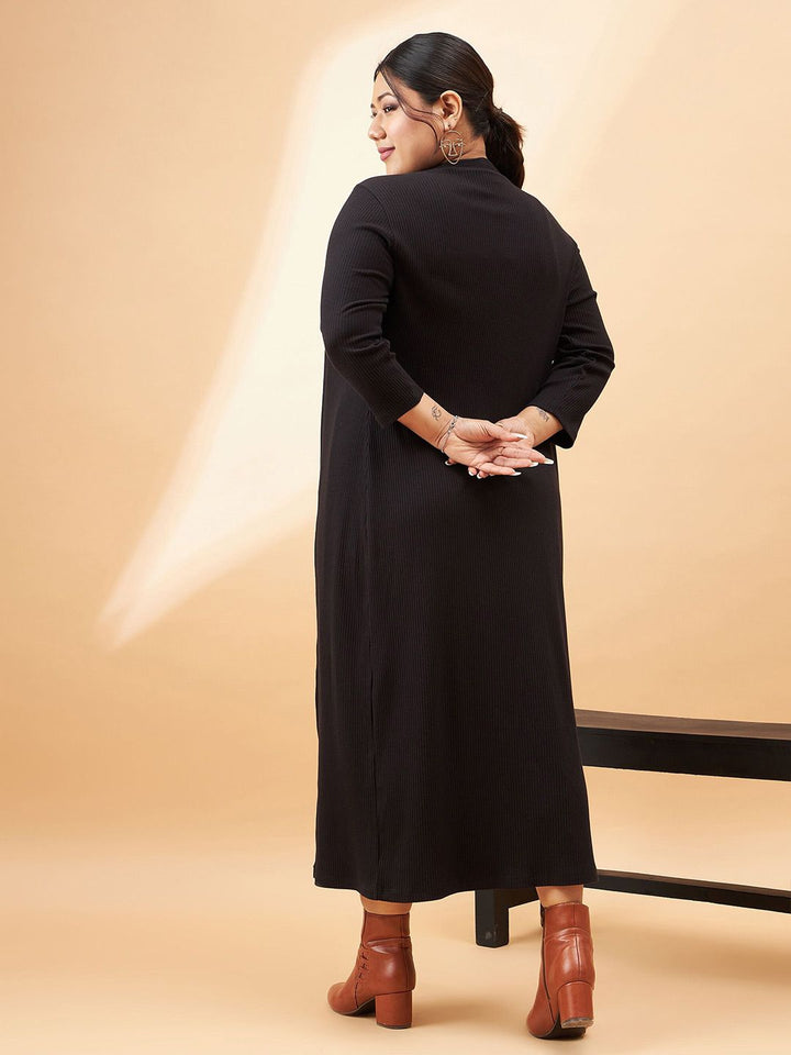 SASSAFRAS Curve Plus Size Black Ribbed Sleeveless Sheath Midi Dress With Shrug