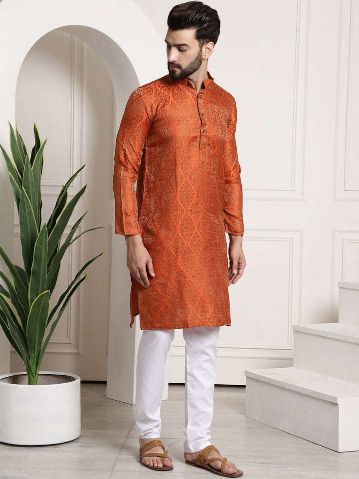 SOJANYA Men Orange & Golden Ethnic Motifs Woven Design Kurta with Churidar