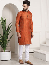 SOJANYA Men Orange & Golden Ethnic Motifs Woven Design Kurta with Churidar