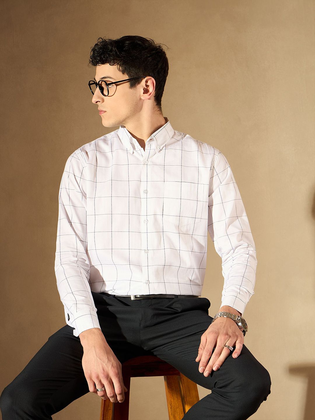 DENNISON Windowpane Checked Button-Down Collar Smart Cotton Formal Shirt