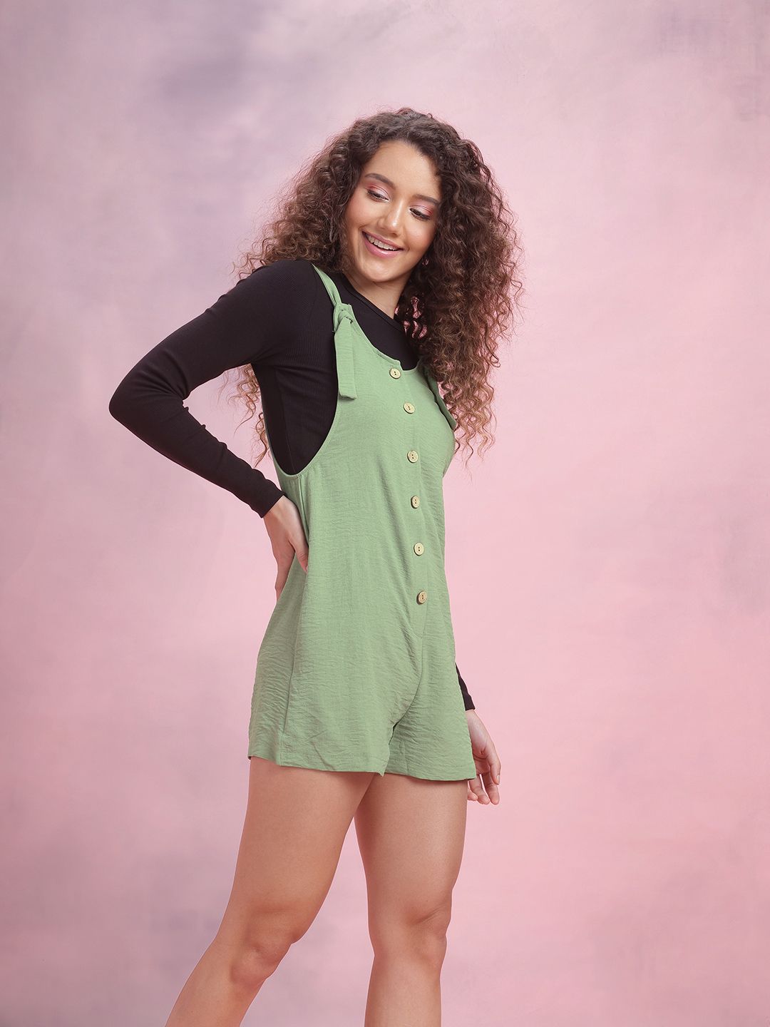 DressBerry Crinkled Effect Shoulder Straps Playsuit with Mock Buttons