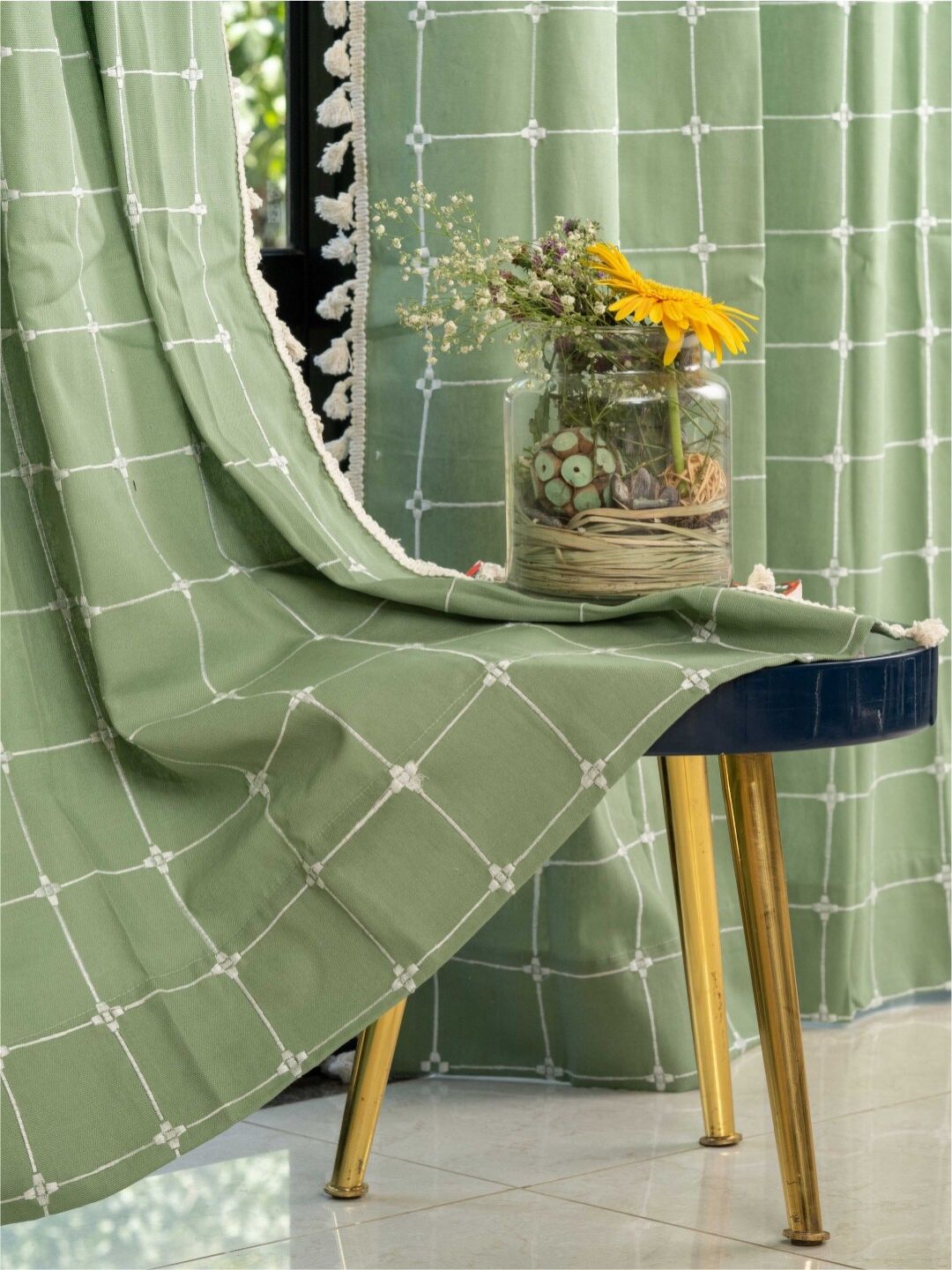 URBAN SPACE Green & White Embroidered Long Door Curtain