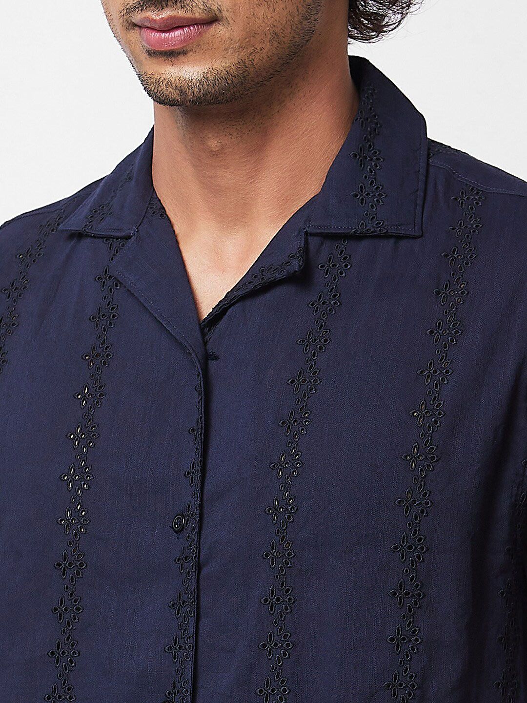 SPYKAR Floral Embroidered Cuban Collar Cotton Casual Shirt