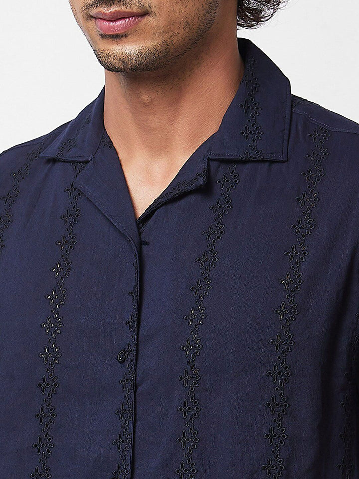 SPYKAR Floral Embroidered Cuban Collar Cotton Casual Shirt