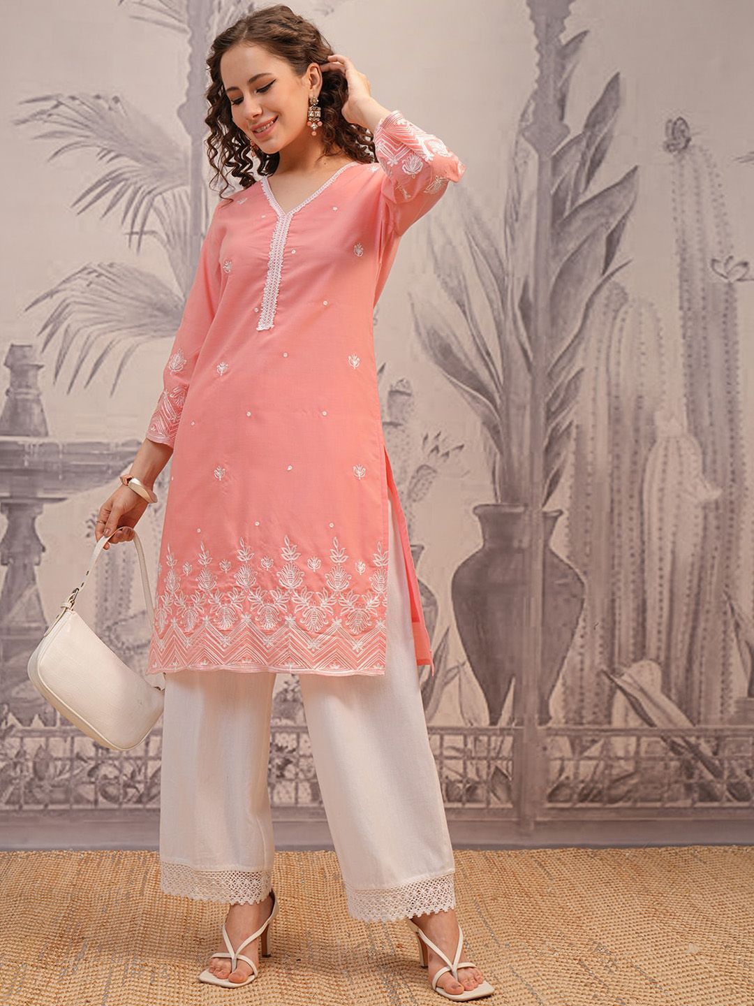 Vishudh Peach Coloured Floral Embroidered V-Neck Straight Kurta