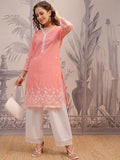 Vishudh Peach Coloured Floral Embroidered V-Neck Straight Kurta