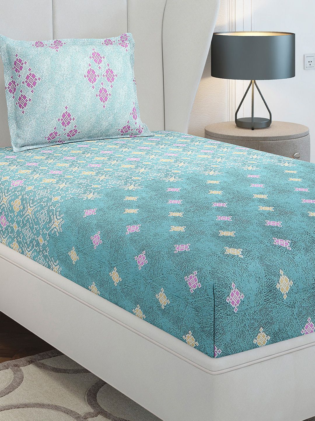 Monte Carlo Sea Green & Pink Printed 144 TC Single Bedsheet Set 2.29 m x 1.52 m