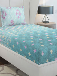 Monte Carlo Sea Green & Pink Printed 144 TC Single Bedsheet Set 2.29 m x 1.52 m
