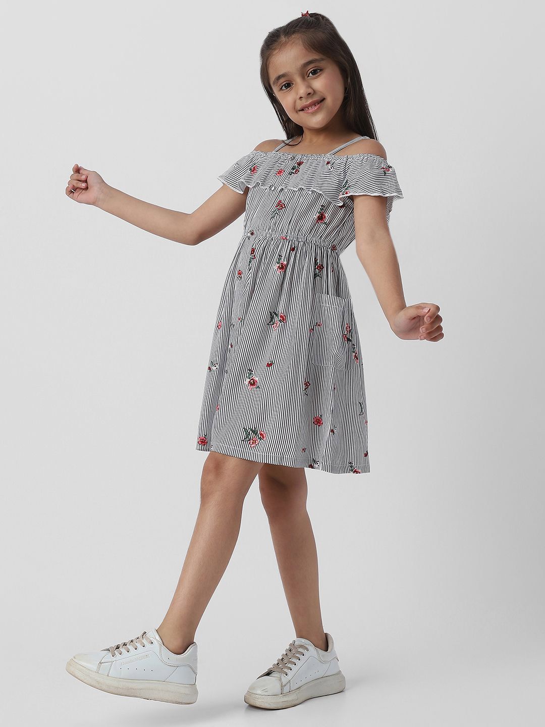 Nauti Nati Girls Floral Striped Cold-Shoulder Ruffled Fit & Flare Dress