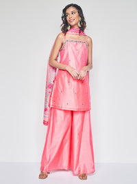 Global Desi Floral Embroidered Thread Work Kurti With Palazzos & Dupatta