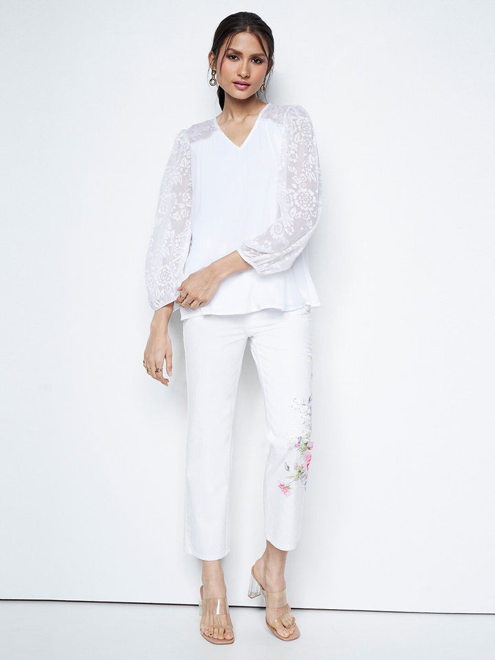 AND Women Self Design Puff Sleeves V-neck Top
