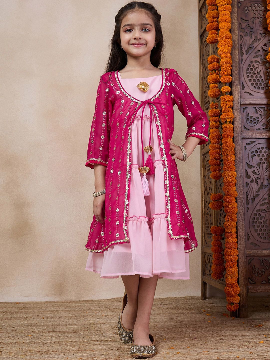 pspeaches Girls Tiered Sleeveless A-Line Midi Georgette Ethnic Dress With Embroidered Shrug