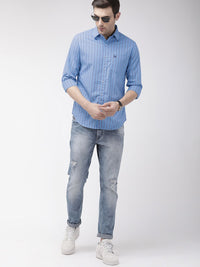 The Indian Garage Co Men Blue & White Slim Fit Striped Casual Shirt
