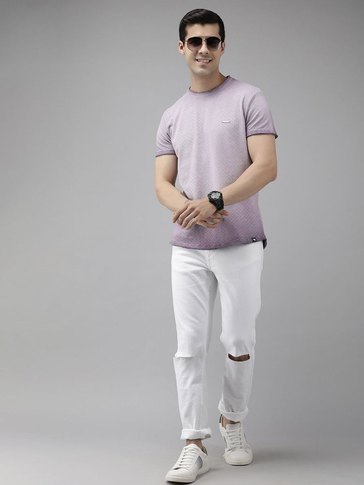 THE BEAR HOUSE Men Lavender Self Design Pure Cotton Slim Fit T-shirt