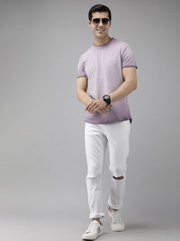 THE BEAR HOUSE Men Lavender Self Design Pure Cotton Slim Fit T-shirt