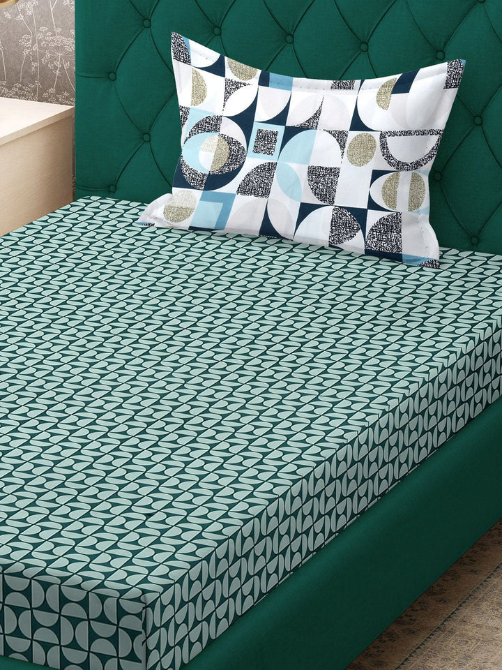 KLOTTHE Book Fold Green Printed Fitted 300 TC Single Bed Bedsheet With Pillow Cover