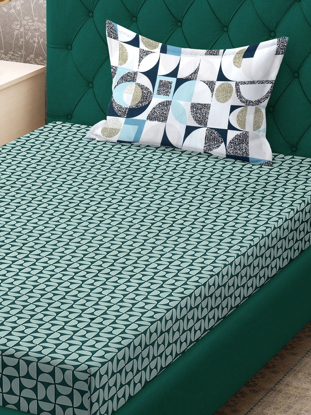 KLOTTHE Book Fold Green Printed Fitted 300 TC Single Bed Bedsheet With Pillow Cover
