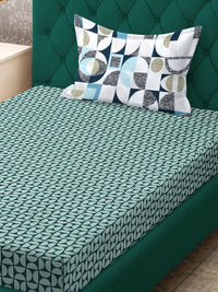 KLOTTHE Book Fold Green Printed Fitted 300 TC Single Bed Bedsheet With Pillow Cover