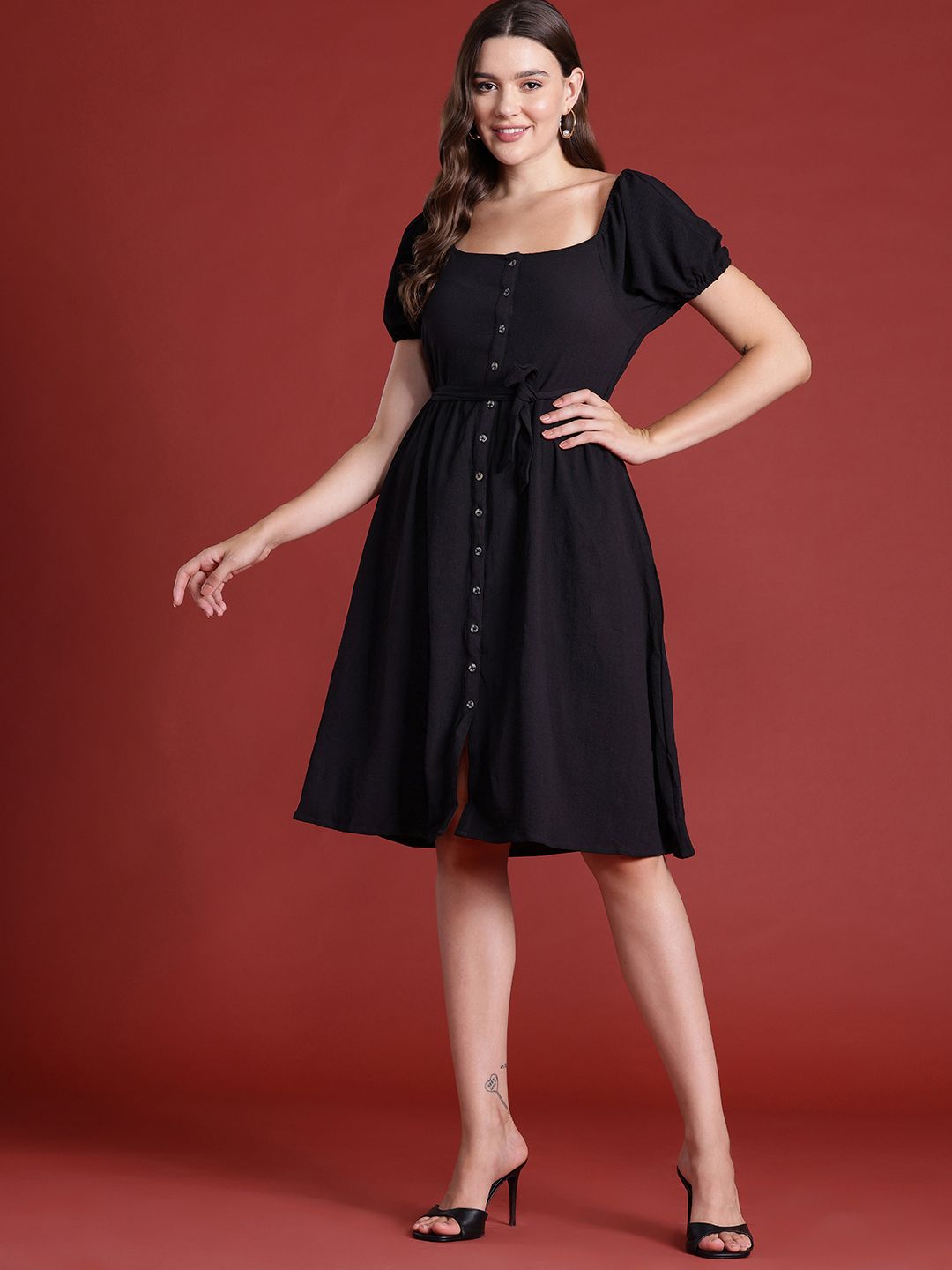 all about you Puff Sleeve Belted A-Line Dress