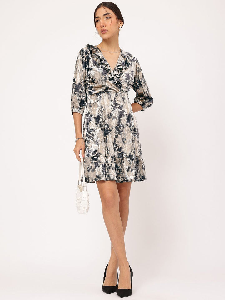 DressBerry Radiant Ruffles Abstract Print Velour A-Line Dress