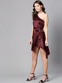 STREET 9 Women Burgundy Solid One-Shoulder Fit and Flare Dress