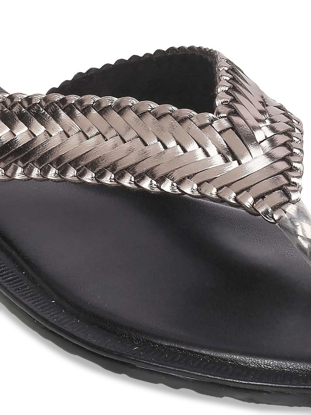 Metro Women Grey Woven Design T-Strap Flats