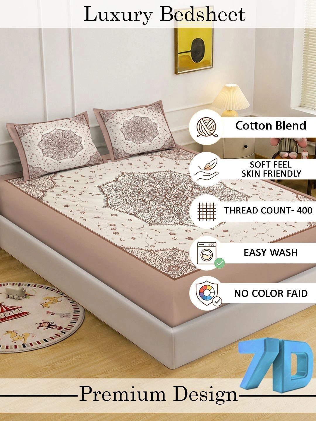 Moda Rapido X KLOTTHE Bunga-bungaan Berwarna Krim 400 TC Cadar King dengan 2 Sarung Bantal