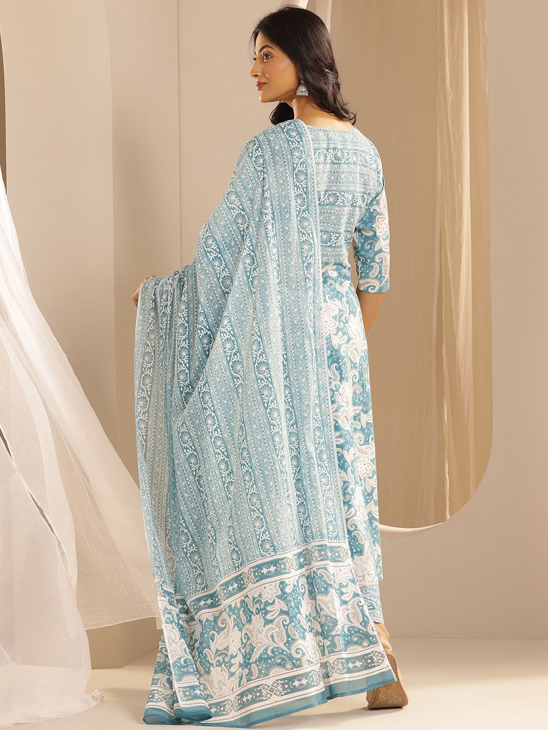 Libas Floral Printed Pure Cotton Anarkali Kurta with Trousers & Dupatta