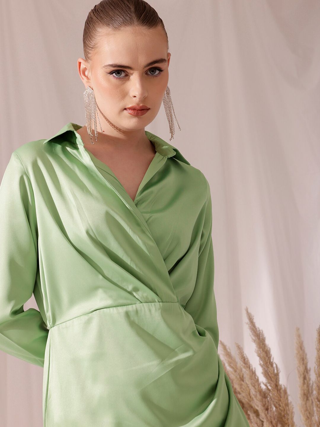 WORK IT by STREET 9 Shirt Collar Long Sleeves Satin Wrap Dress